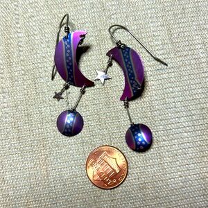 Sterling silver purple star and moon pendant earrings